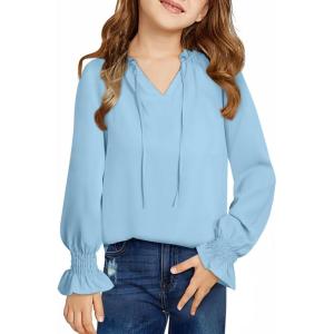 imageGirls Cute Long Sleeve Chiffon Blouses 2025 Casual V Neck Smocked Cuffs Shirts Tops 715 YearsSky Blue