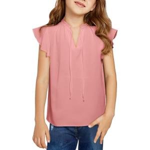 imageGirls Cute Ruffle Short Sleeve T Shirts Casual V Neck Chiffon Blouse Tops 615 YearsLight Pink