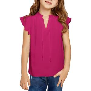 imageGirls Cute Ruffle Short Sleeve T Shirts Casual V Neck Chiffon Blouse Tops 615 YearsRose Red