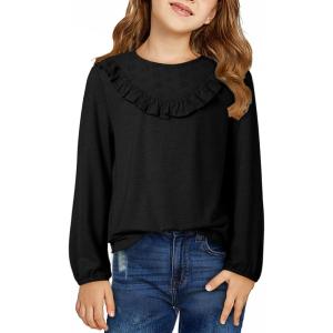 imageGirls Cute Shirts Lace Embroidered Long Sleeve Tops 2025 Fall Fashion Knit Crewneck Blouses 613 YearsBlack