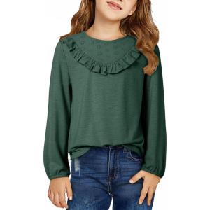 imageGirls Cute Shirts Lace Embroidered Long Sleeve Tops 2025 Fall Fashion Knit Crewneck Blouses 613 YearsGreen