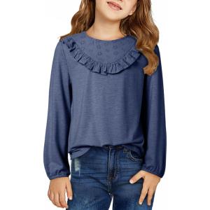 imageGirls Cute Shirts Lace Embroidered Long Sleeve Tops 2025 Fall Fashion Knit Crewneck Blouses 613 YearsNavy Blue