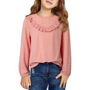 imageGirls Cute Shirts Lace Embroidered Long Sleeve Tops 2025 Fall Fashion Knit Crewneck Blouses 613 YearsPink