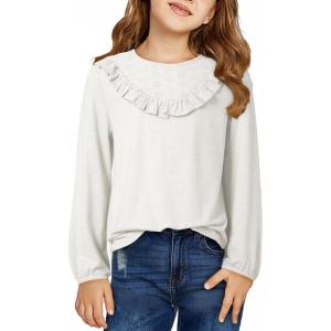 imageGirls Cute Shirts Lace Embroidered Long Sleeve Tops 2025 Fall Fashion Knit Crewneck Blouses 613 YearsWhite
