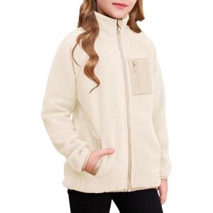imageGirls Fleece Jacket Full Zip Fall Winter Soft Sherpa Coat Outwear with PocketsBeige