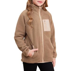 imageGirls Fleece Jacket Full Zip Fall Winter Soft Sherpa Coat Outwear with PocketsDark Khaki