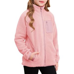 imageGirls Fleece Jacket Full Zip Fall Winter Soft Sherpa Coat Outwear with PocketsLight Pink