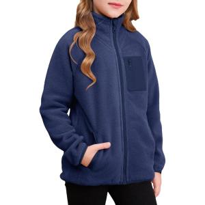imageGirls Fleece Jacket Full Zip Fall Winter Soft Sherpa Coat Outwear with PocketsNavy Blue