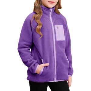 imageGirls Fleece Jacket Full Zip Fall Winter Soft Sherpa Coat Outwear with PocketsPurple