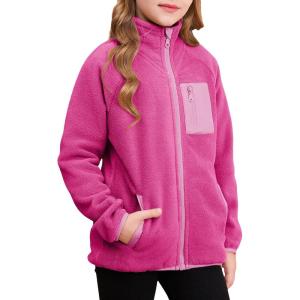 imageGirls Fleece Jacket Full Zip Fall Winter Soft Sherpa Coat Outwear with PocketsRose Red