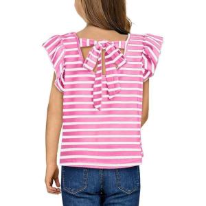 imageGirls Ruffle Short Sleeve Striped T Shirts Summer Cute V Neck Tie Back Tee Tops 615 YearsPink Stripe