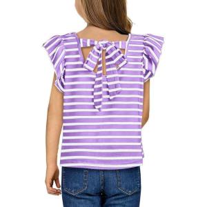 imageGirls Ruffle Short Sleeve Striped T Shirts Summer Cute V Neck Tie Back Tee Tops 615 YearsPurple Stripe