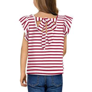 imageGirls Ruffle Short Sleeve Striped T Shirts Summer Cute V Neck Tie Back Tee Tops 615 YearsRed Stripe