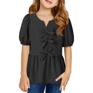 imageGirls Shirts Cute Puff Sleeve Bow Tie Front Tops Crewneck Babydoll Peplum Blouse 615 YearsBlack