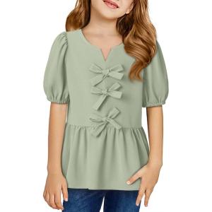 imageGirls Shirts Cute Puff Sleeve Bow Tie Front Tops Crewneck Babydoll Peplum Blouse 615 YearsGreen
