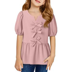 imageGirls Shirts Cute Puff Sleeve Bow Tie Front Tops Crewneck Babydoll Peplum Blouse 615 YearsPink