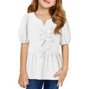 imageGirls Shirts Cute Puff Sleeve Bow Tie Front Tops Crewneck Babydoll Peplum Blouse 615 YearsWhite
