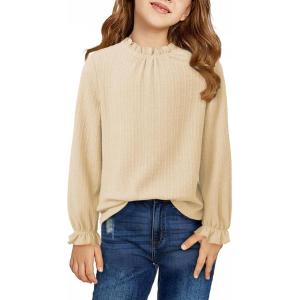imageGirls Shirts Long Sleeve Lightweight Tops 2025 Fall Fashion Blouses Knit Crewneck Basic Tee 613 YearsBeige