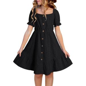 imageGirls Summer Dress Casual Puff Sleeve Aline Button Down Eyelet Midi Dress 615 YearsBlack