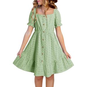 imageGirls Summer Dress Casual Puff Sleeve Aline Button Down Eyelet Midi Dress 615 YearsGreen