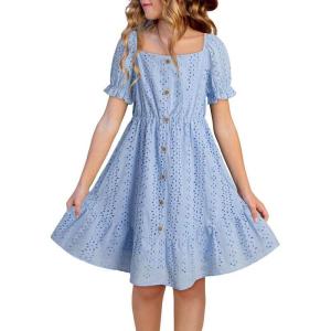 imageGirls Summer Dress Casual Puff Sleeve Aline Button Down Eyelet Midi Dress 615 YearsLight Blue