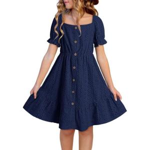 imageGirls Summer Dress Casual Puff Sleeve Aline Button Down Eyelet Midi Dress 615 YearsNavy Blue