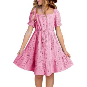 imageGirls Summer Dress Casual Puff Sleeve Aline Button Down Eyelet Midi Dress 615 YearsPink
