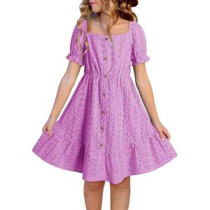 imageGirls Summer Dress Casual Puff Sleeve Aline Button Down Eyelet Midi Dress 615 YearsPurple