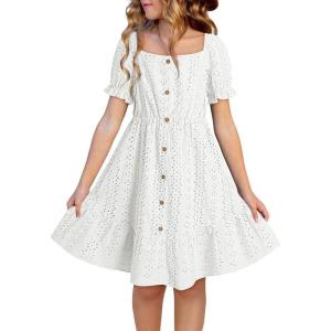imageGirls Summer Dress Casual Puff Sleeve Aline Button Down Eyelet Midi Dress 615 YearsWhite