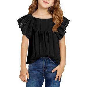imageGirls Summer Ruffle Short Sleeve Shirts Tops Casual Pleated Square Neck Blouse 615 YearsBlack