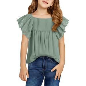 imageGirls Summer Ruffle Short Sleeve Shirts Tops Casual Pleated Square Neck Blouse 615 YearsGreen