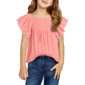 imageGirls Summer Ruffle Short Sleeve Shirts Tops Casual Pleated Square Neck Blouse 615 YearsPink