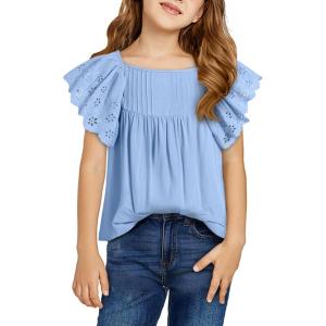 imageGirls Summer Ruffle Short Sleeve Shirts Tops Casual Pleated Square Neck Blouse 615 YearsSky Blue