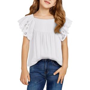 imageGirls Summer Ruffle Short Sleeve Shirts Tops Casual Pleated Square Neck Blouse 615 YearsWhite