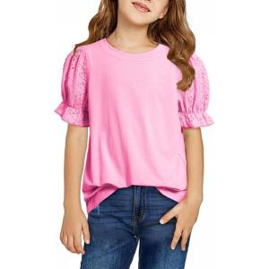 imageGirls Summer Shirts Cute Hollow Out Puff Short Sleeve Tops Casual Crewneck Tee Blouse 615 YearsPink