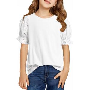 imageGirls Summer Shirts Cute Hollow Out Puff Short Sleeve Tops Casual Crewneck Tee Blouse 615 YearsWhite