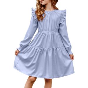 imageGirls Vintage Puff Long Sleeve Ruffle Dresses with Two Side Pockets for 613 Years FallSpringSummerBlue