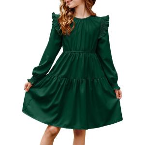 imageGirls Vintage Puff Long Sleeve Ruffle Dresses with Two Side Pockets for 613 Years FallSpringSummerGreen