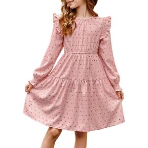 imageGirls Vintage Puff Long Sleeve Ruffle Dresses with Two Side Pockets for 613 Years FallSpringSummerPink