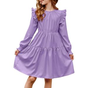 imageGirls Vintage Puff Long Sleeve Ruffle Dresses with Two Side Pockets for 613 Years FallSpringSummerPurple