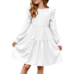 imageGirls Vintage Puff Long Sleeve Ruffle Dresses with Two Side Pockets for 613 Years FallSpringSummerWhite
