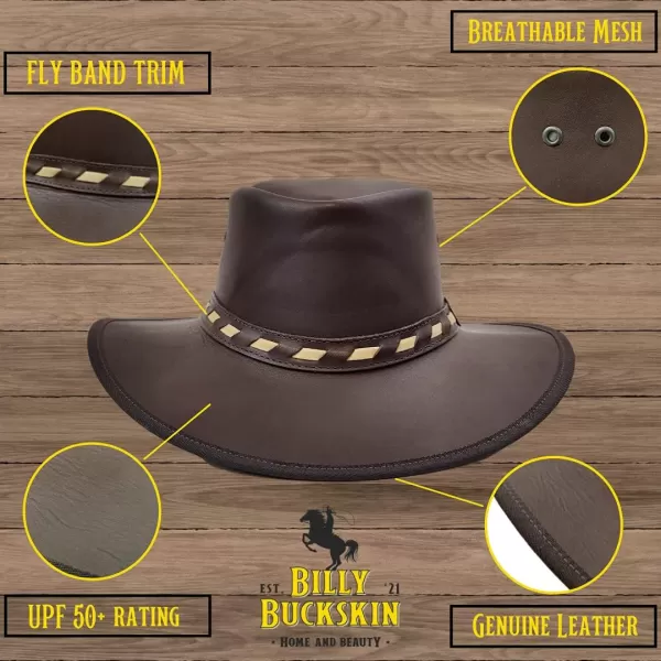 Billy Buckskin Basher Leather Hat  Top Grain Leather Construction  Wide Brim Medium