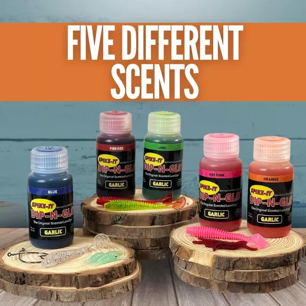 SpikeIt DipNGlo Garlic Lure Dye  Lure Dip for Soft Plastic Baits  Strong Garlic Scent ampamp Vivid UV Color  Make Your Lures Unresistable to All Fish  Pack of 5 x 2 Oz Bottles