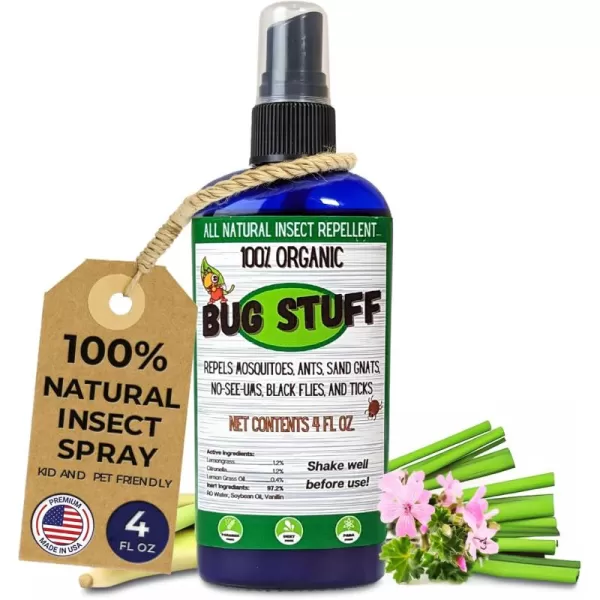 Bug Stuff All Natural Bug Spray  Keeps All Flying ampamp Biting Insects Away  Bug Spray for Children ampamp Pets  Made from 100 Organic Ingredients  4 FL OZ Spray Bottle