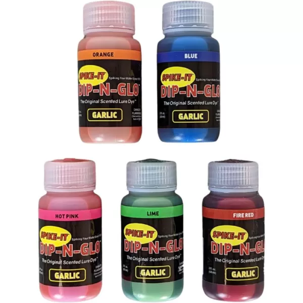 SpikeIt DipNGlo Garlic Lure Dye  Lure Dip for Soft Plastic Baits  Strong Garlic Scent ampamp Vivid UV Color  Make Your Lures Unresistable to All Fish  Pack of 5 x 2 Oz Bottles