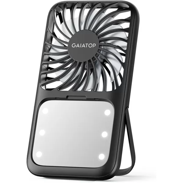 Gaiatop Handheld Mini Fan 3 Speed Portable Lash Fan Makeup Mirror with LED Light 2000mAh USB Rechargeable Personal Desk Fan with Stand Small Hand Fan for Outdoor Travel Gifts for Women Girls PinkBlack