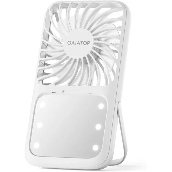 Gaiatop Handheld Mini Fan 3 Speed Portable Lash Fan Makeup Mirror with LED Light 2000mAh USB Rechargeable Personal Desk Fan with Stand Small Hand Fan for Outdoor Travel Gifts for Women Girls PinkWhite