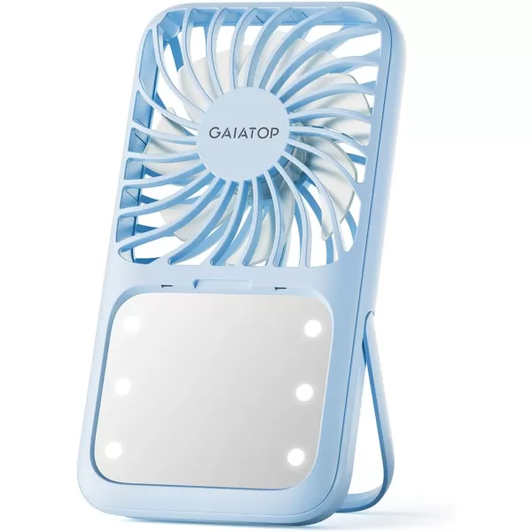 Gaiatop Handheld Mini Fan 3 Speed Portable Lash Fan Makeup Mirror with LED Light 2000mAh USB Rechargeable Personal Desk Fan with Stand Small Hand Fan for Outdoor Travel Gifts for Women Girls PinkBlue