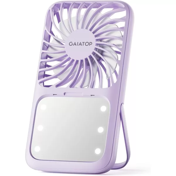 Gaiatop Handheld Mini Fan 3 Speed Portable Lash Fan Makeup Mirror with LED Light 2000mAh USB Rechargeable Personal Desk Fan with Stand Small Hand Fan for Outdoor Travel Gifts for Women Girls PinkPurple