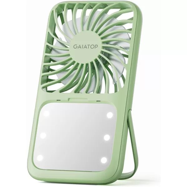 Gaiatop Handheld Mini Fan 3 Speed Portable Lash Fan Makeup Mirror with LED Light 2000mAh USB Rechargeable Personal Desk Fan with Stand Small Hand Fan for Outdoor Travel Gifts for Women Girls PinkGreen